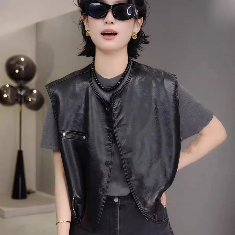 Retro PU Leather Vest Women's Short Style 2026 Autumn New Fashion Casual Motorcycle Clothes Shoulder Pad Vest Jacket