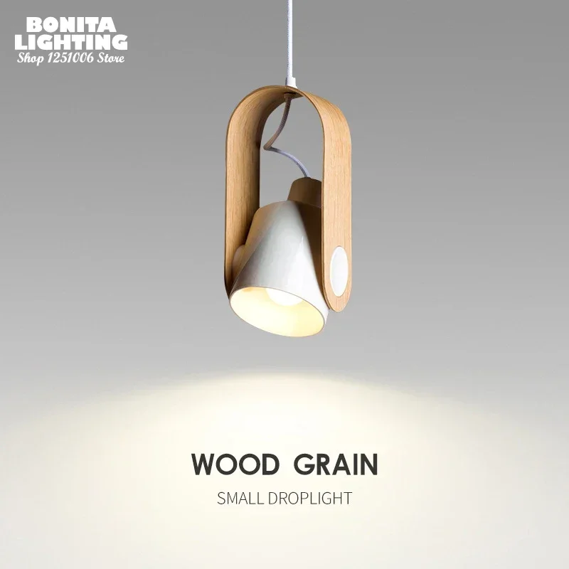 Nordic Iron Wood Grain Handle Small Pendant Light Kitchen Dining Room Bedside Reading Decorative Cylindrical Chandelier