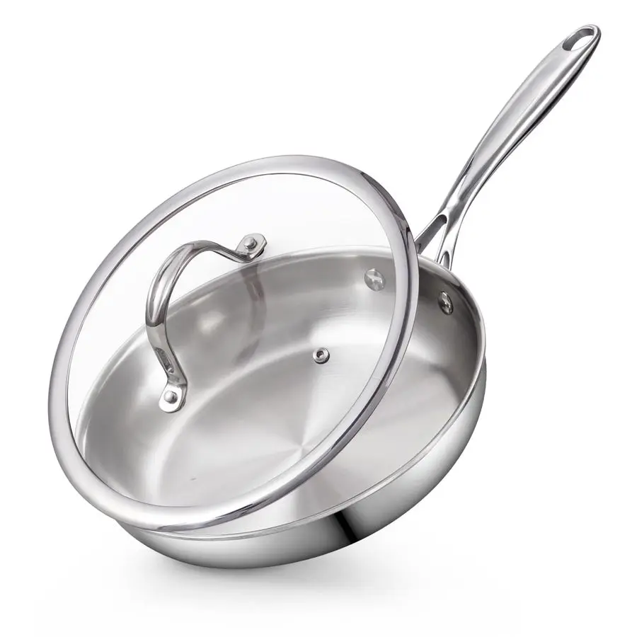

Stainless Steel Frying Pan with Lid, 8Inch MultiPly Clad Wok Stir Fry Pan, Kitchen Skillet, Silver