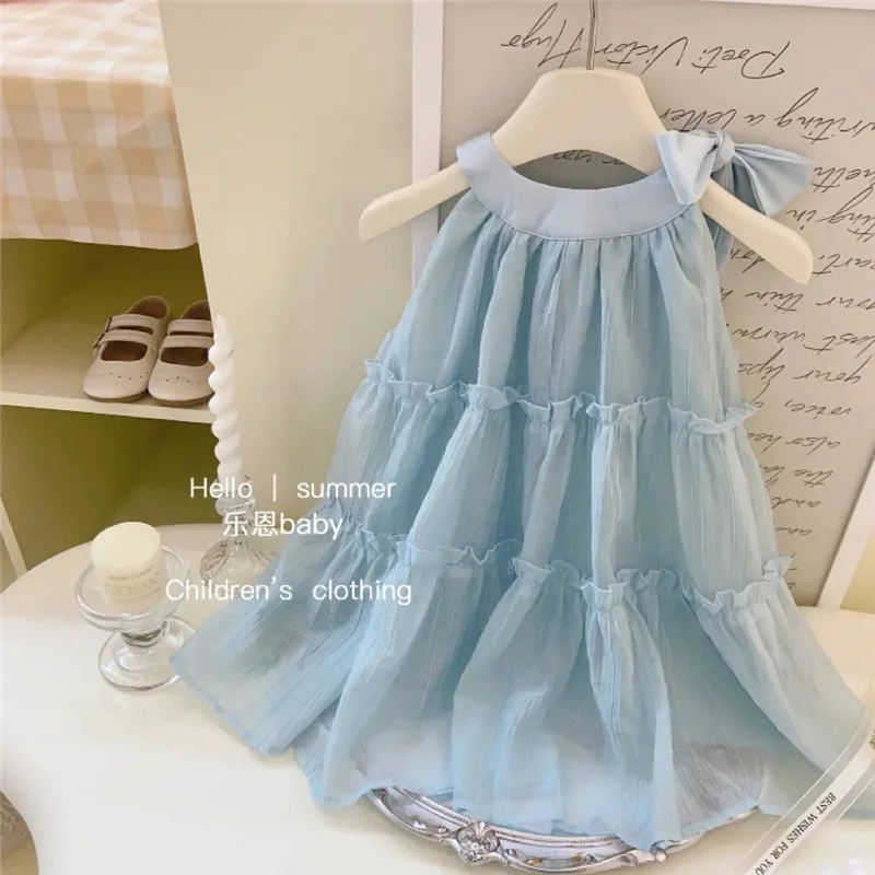 Summer Girl Hanging Neck Dresses Blue Solid Color Suspender Thousand Layer Dress Fashion Kids Sleeveless Princess Dress 1-6 Year