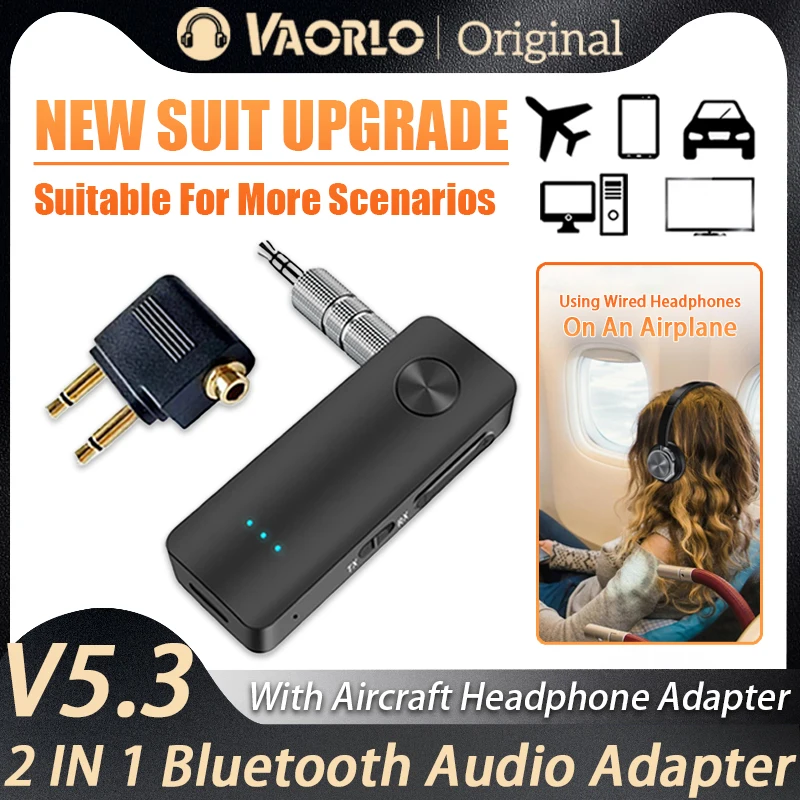 2 IN 1 Audio Receiver Transmitter Bluetooth 5.3 Wireless Adapters Stereo Music 3.5mm AUX With Aircraft Headset Adapter For TV PC