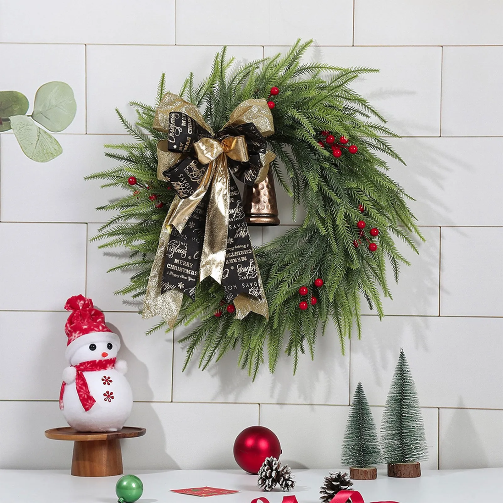 Christmas Decorations Norfolk Wreath With Bells And Ribbon Artificialwreath For Home Table Wall Window Indoor Outdoor Outside