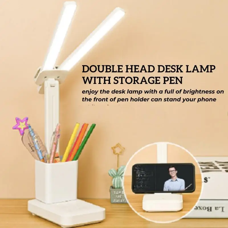 Dual Head Foldable LEDDesk Lamp 3 Levels Dimmable Touch Night Light USB Rechargeable Eye Protection for Bedroom Dorm Study