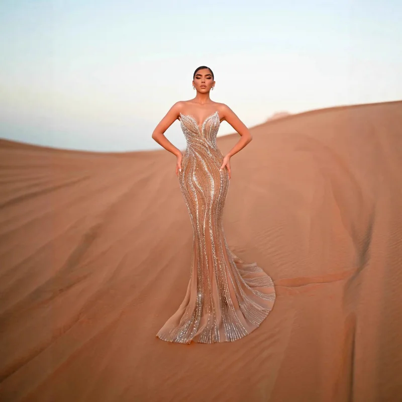 New Arrival Women's Apricot Heavy Beaded High Waist Slim Fit Bodycon Sequin Middle Eastern Evening Dress