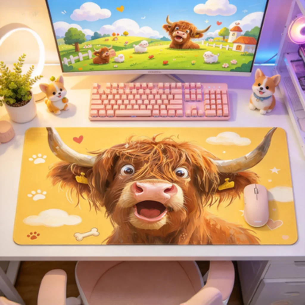 Highland Cow Desk Mat, Starry Glitter Dark Mouse Pad, Yellow Plaid Smile PC Accessory, Green White Plaid Gaming Desk Mat.
