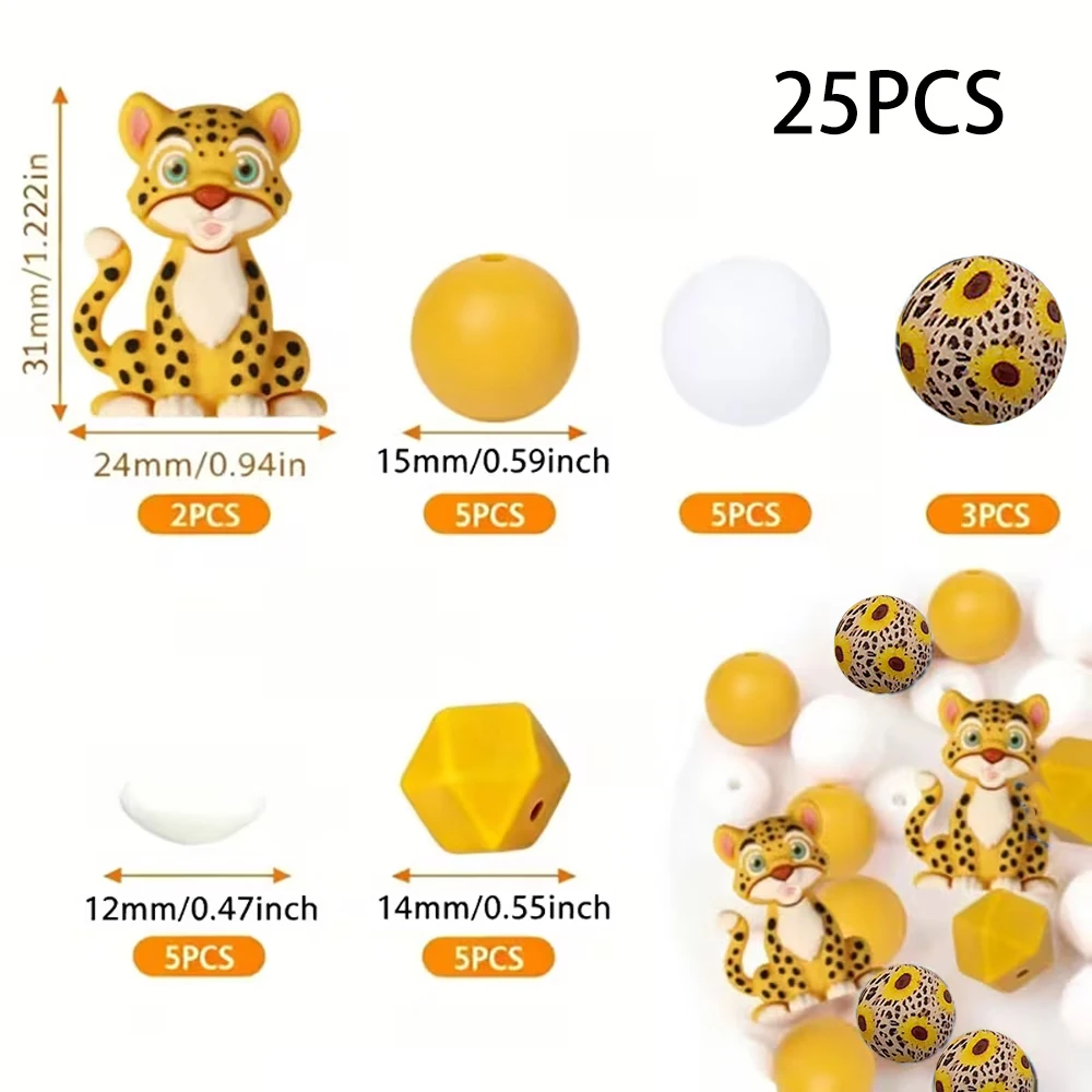 25-teiliges 3D-Tier-Silikonperlen-Set, Zebra, Kuh, Giraffe, Leopard, DIY-Perlenkette, Armband, Dekorationsstift, Schmuckanhänger, etc. Geburtstagsgeschenk für die Feiertage – Detail 9