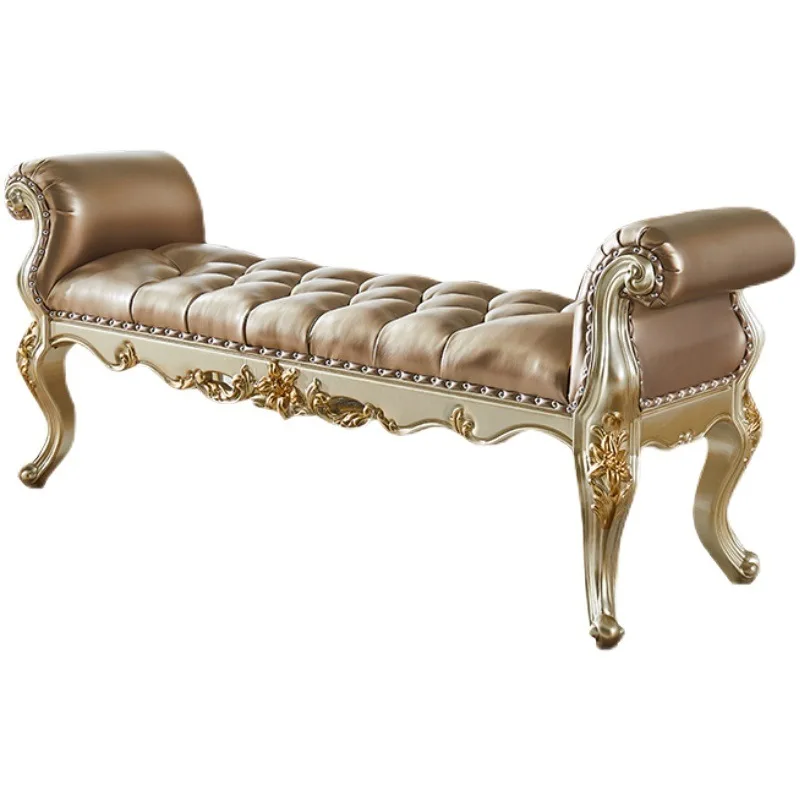 

Европейский кожаный прикроватный табурет, передний табурет, золотой роскошный табурет из массива дерева для спальни, прикроватный диван, табурет для главной спальни, прикроватный табурет