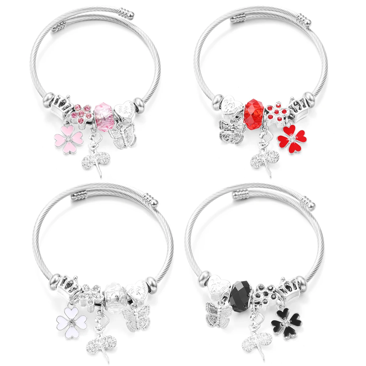 New Painted Flowers Ballet Crystal Heart Beaded Pendant Bracelet Stainless Steel 4 Colors Closure Bangles Women Bracelet Jewelry