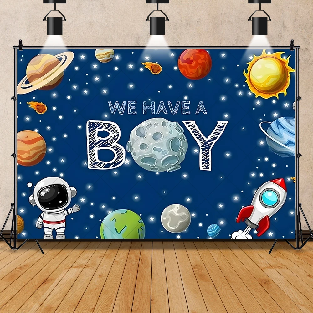 Cartoon Astronaut Space Rocket Kid Birthday Party Banner Backdrop Custom Universe Child Room Photography Poster Decor Background