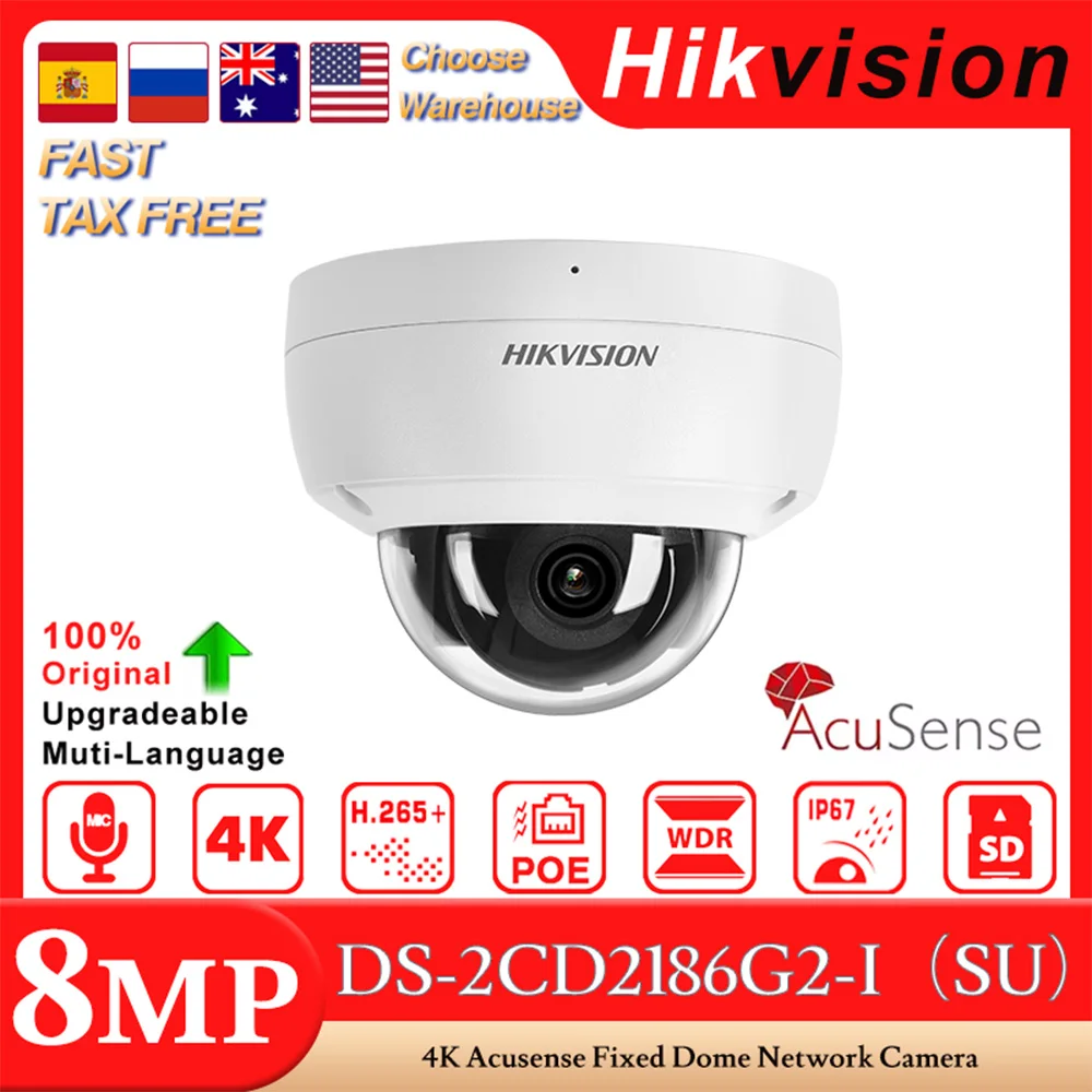 hikvision acusense camera de rede domo fixo classificacao humana e veiculo alarme de audio i o ip67 ik10 original ds2cd2186g2 isu 4k 01