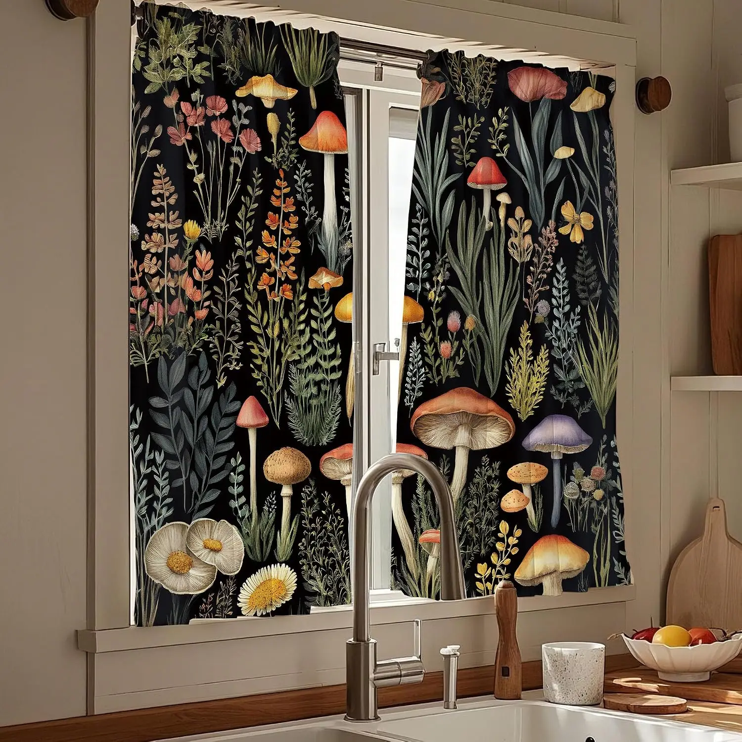 Dark Forest Mushroom Plant Blackout Curtain Retro Wildflower Fern Pattern Drape For Room Witchy Natural Household Window Curtain