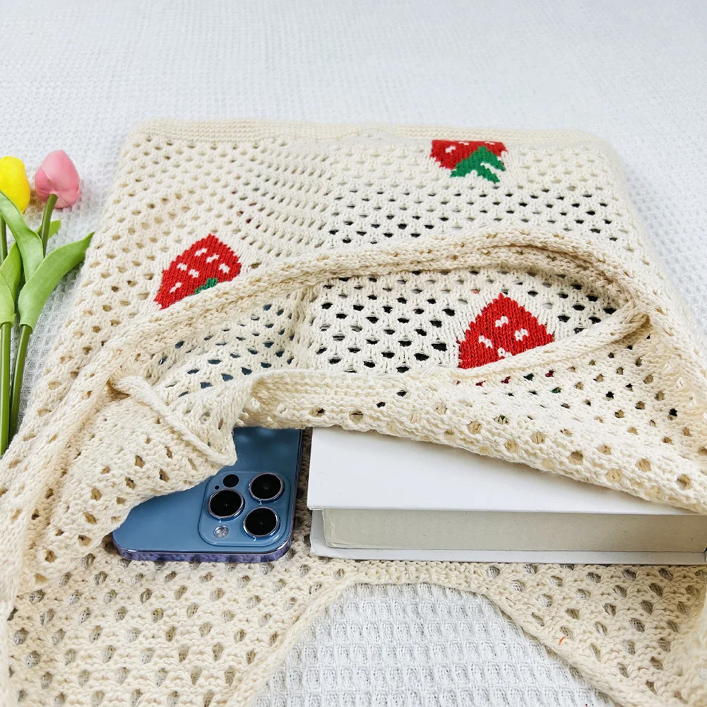 

Women Large Capacity Shoulder Bag Cute Strawberry Cherry Pattern Crochet Tote Bag All-Match Bag Fanny Pack for Daily Office Use
