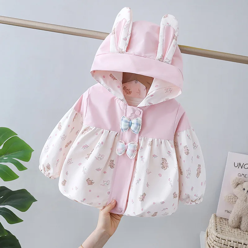 

Baby Girl Clothes Fashion Cute Rabbit Pink Printed Jacket For Girls 3D Bow Children Top Long Sleeve Spring Autumn Hoodie Coat