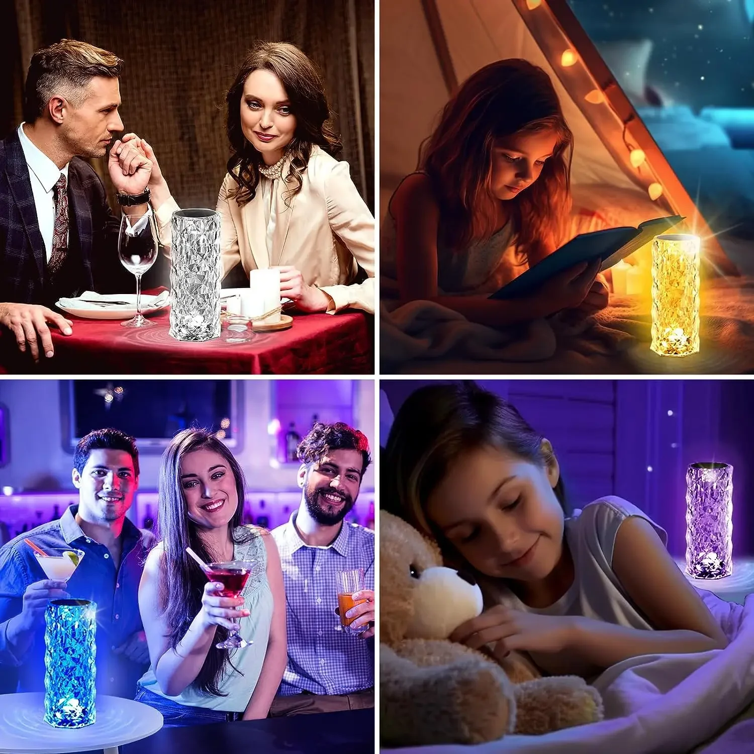 RGB LED Night Light Crystal Diamond Rose Table Lamp USB Rechargeable Touch Bedside Lamps for Home Office Dating Place Party