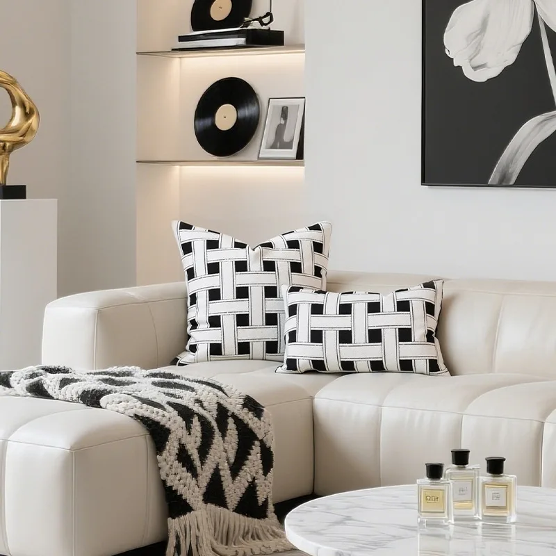 Knitting Check Pillows White Black Cushion Case Modern Burgundy Decorative Pillow Cover For Sofa Chair Home Decorations