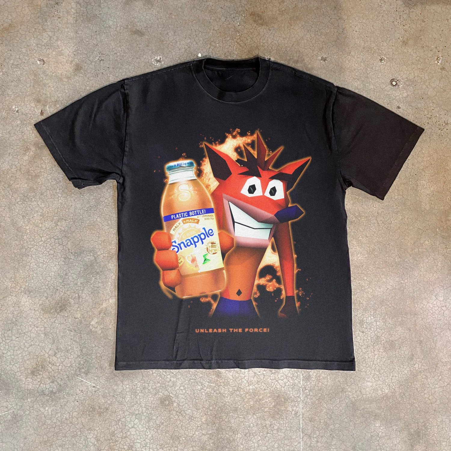 90S Nostalgia 'Crash Bandicoot X Snapple' Heavy Faded Black Tee