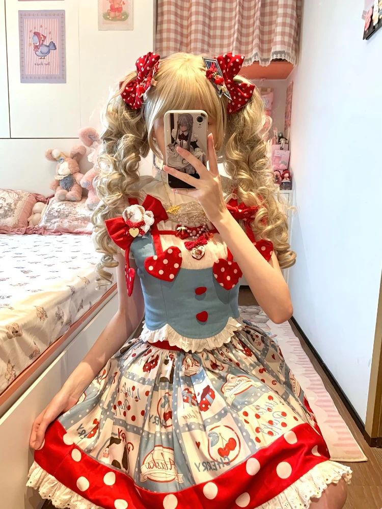 Conjunto de 2 piezas de falda de Lolita japonesa para mujer, traje de encaje con lazo, Tops cortos delgados Y2k, Mini falda con estampado de diseño lindo, Verano