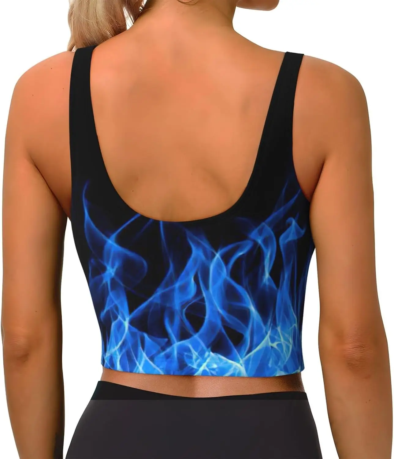 Blue Flame Print Women'S Strappy Sports Bra Stretch Gym Bras U Neck Yoga Tops Comfort Seamless Bra