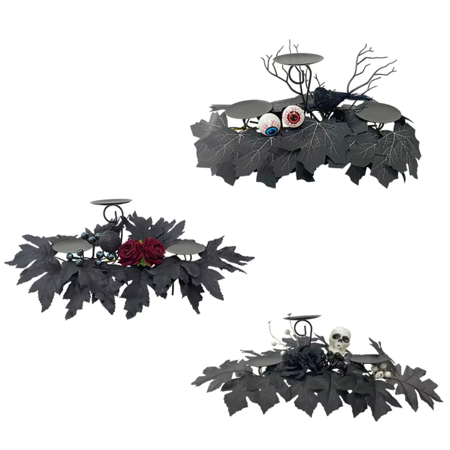 Halloween Candlestick Dead Maple Leaves Decor Ornaments Artificial Black Leaf Fake Spiders Eyeballs Halloween Party Props Candle