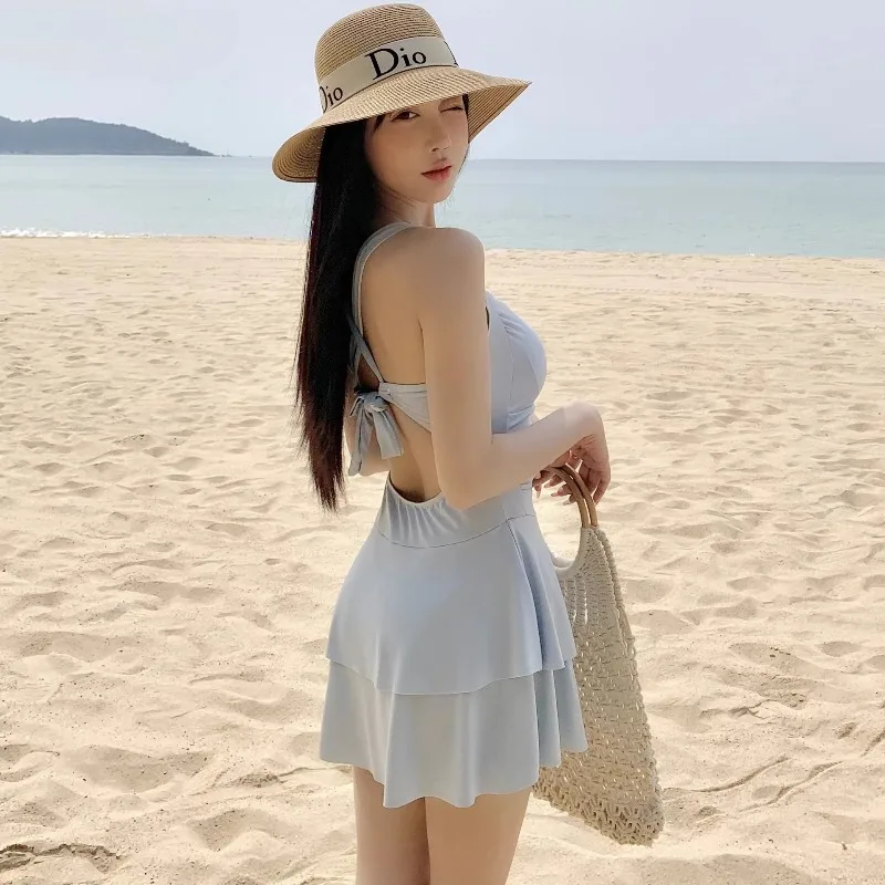 Women's Light Blue Ruched One-Piece Swim Dress Tummy Control Layered Skirt Bathing Suit for Beach Vacation Swimming Pool