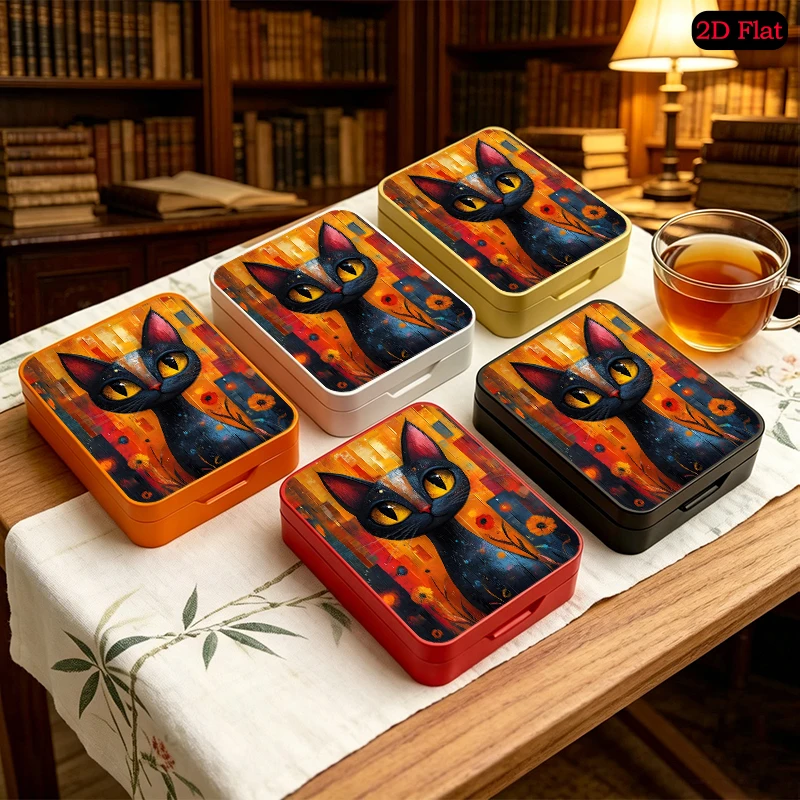 Abstract Black Cat with Cityscape Background Theme Home Decoration Flip Top Tinplate Box, UV Printed Custom Photo Tin Box