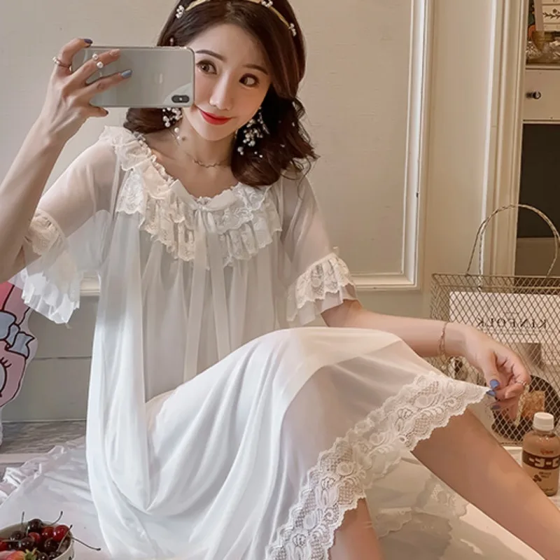 New Summer Inner Cotton Short Sleeve Princess Court Fairy Wind Lace Sexy Ice Silk Pajama Woman Sleepwear Fairy Nightdress Woman