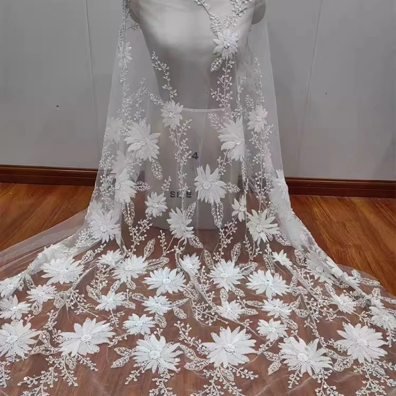 

Beaded Sequin Embroidered Lace Mesh Fabric for DIY Sewing Wedding Dress Veil Clothing Fashion Material Cloth By The Yard