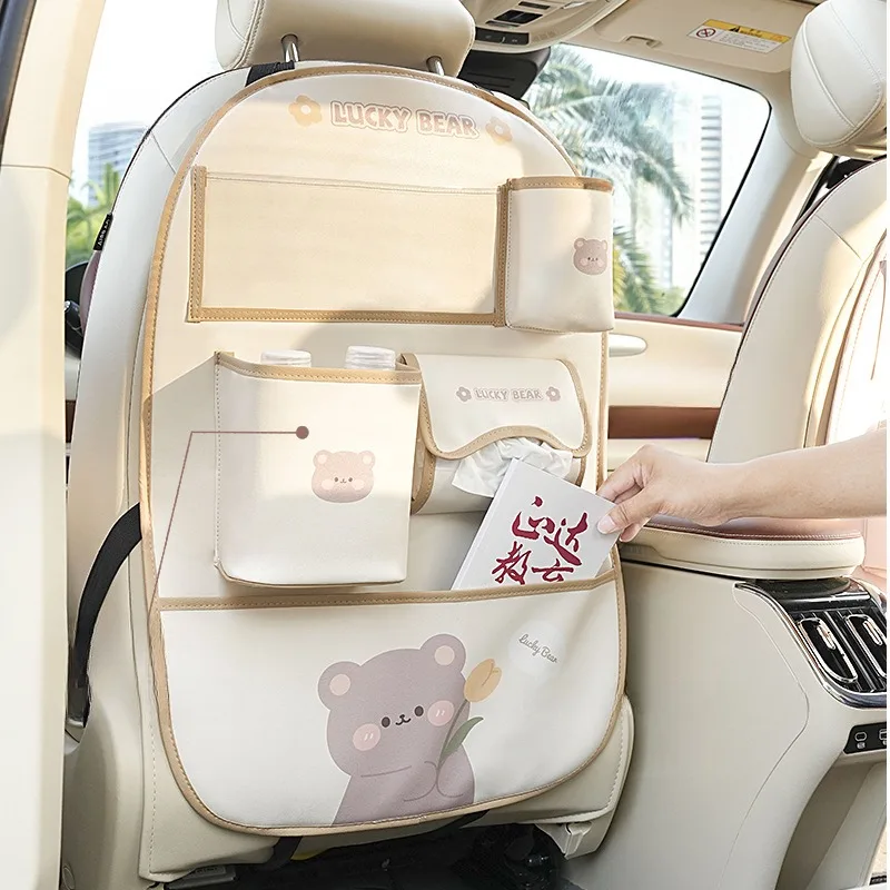 Cartoon Car Seat Back Storage Bag Leather Multifunction Car Backseat Organizer Cup Holder Tissue Holder Anti Kick Pad