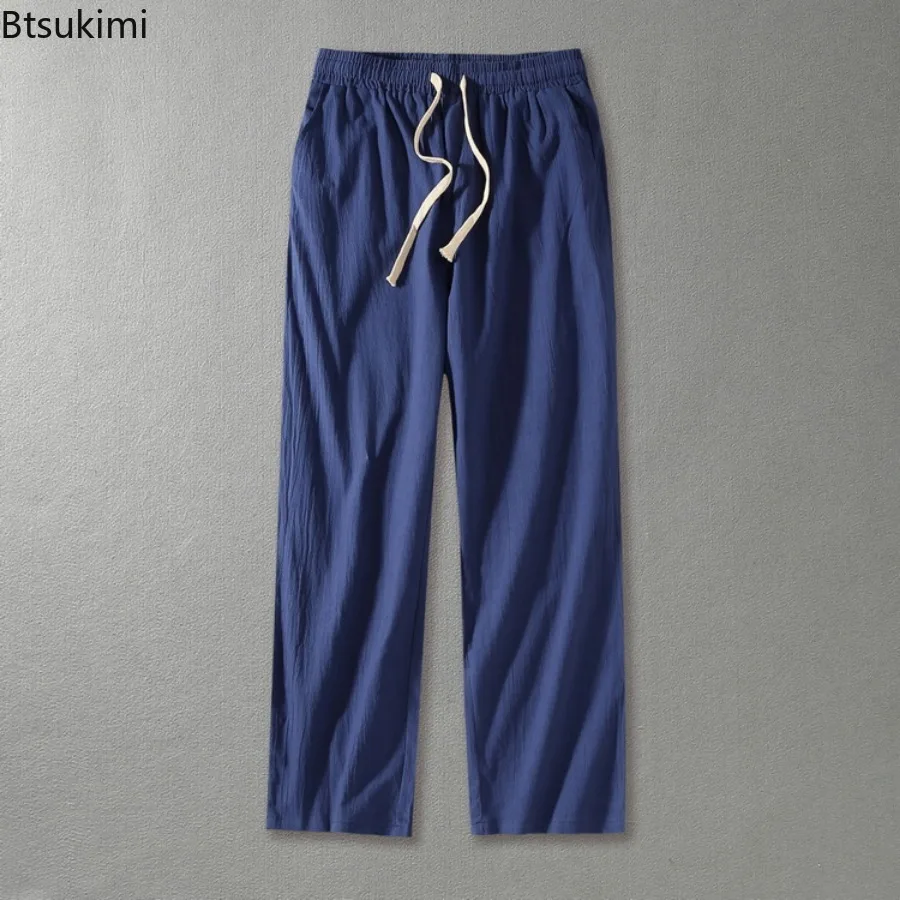 2024 Men's Loose Casual Pants Breathable Cotton Linen Straight Pants Solid Simple Drawstring Trouser Men Sweatpants Big Size 9XL