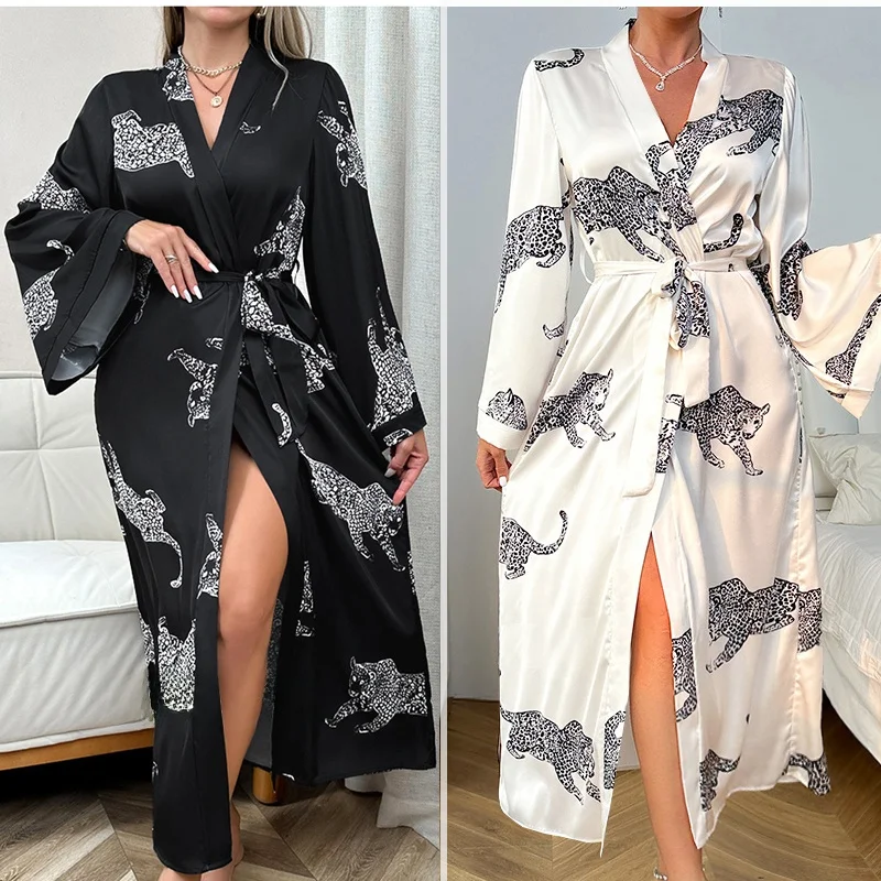 

Sexy Summer Long Silk Satin Robe Women's Home Clothes with Belt Ice Silk Spwear Thin Lightweight Pure Color for Young Women