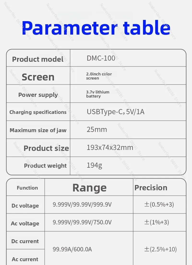 DMC-100 Clamp Multimeter High Precision Anti-Burn Digital Ammeter Intelligent Fully Automatic Universal Meter