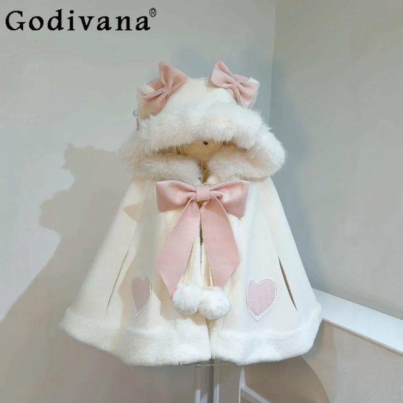 

Japanese Style Lolita Sweet Cute Shawl 2024 New Winter Girl Women's Pink Bow Hooded Furry Cloak Jacket Thick Warm Coat Outwear