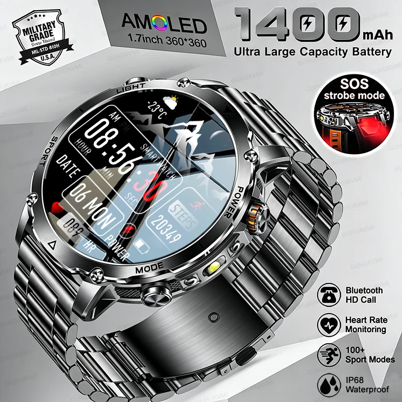 New Military-Grade 1400mAh Big Battery Smart Watches Men Outdoor GPS Flashlight IP68 Waterproof Bluetooth Call Sports Smartwatch