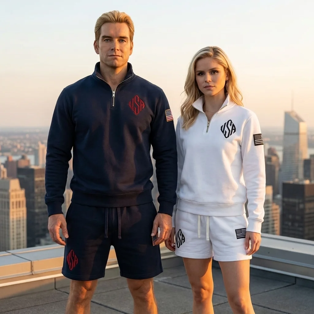 

Vintage USA Flag Mens 2 Piece Set Half Zip Sweatshirt Sweat Shorts Tracksuit Casual Sportswear Matching Outfit Sweatsuit