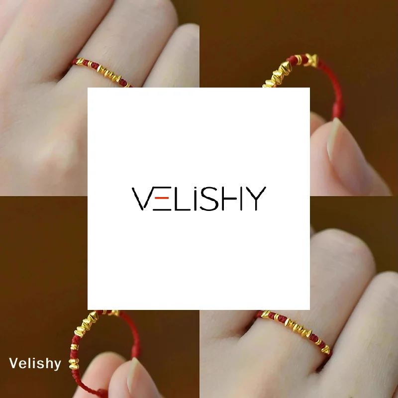 Charm Bohemian Chinese New Year Lucky Braided Ring Golden-to ned Knot & Auspicious Red Cord Casual Attire Lunar Celebration