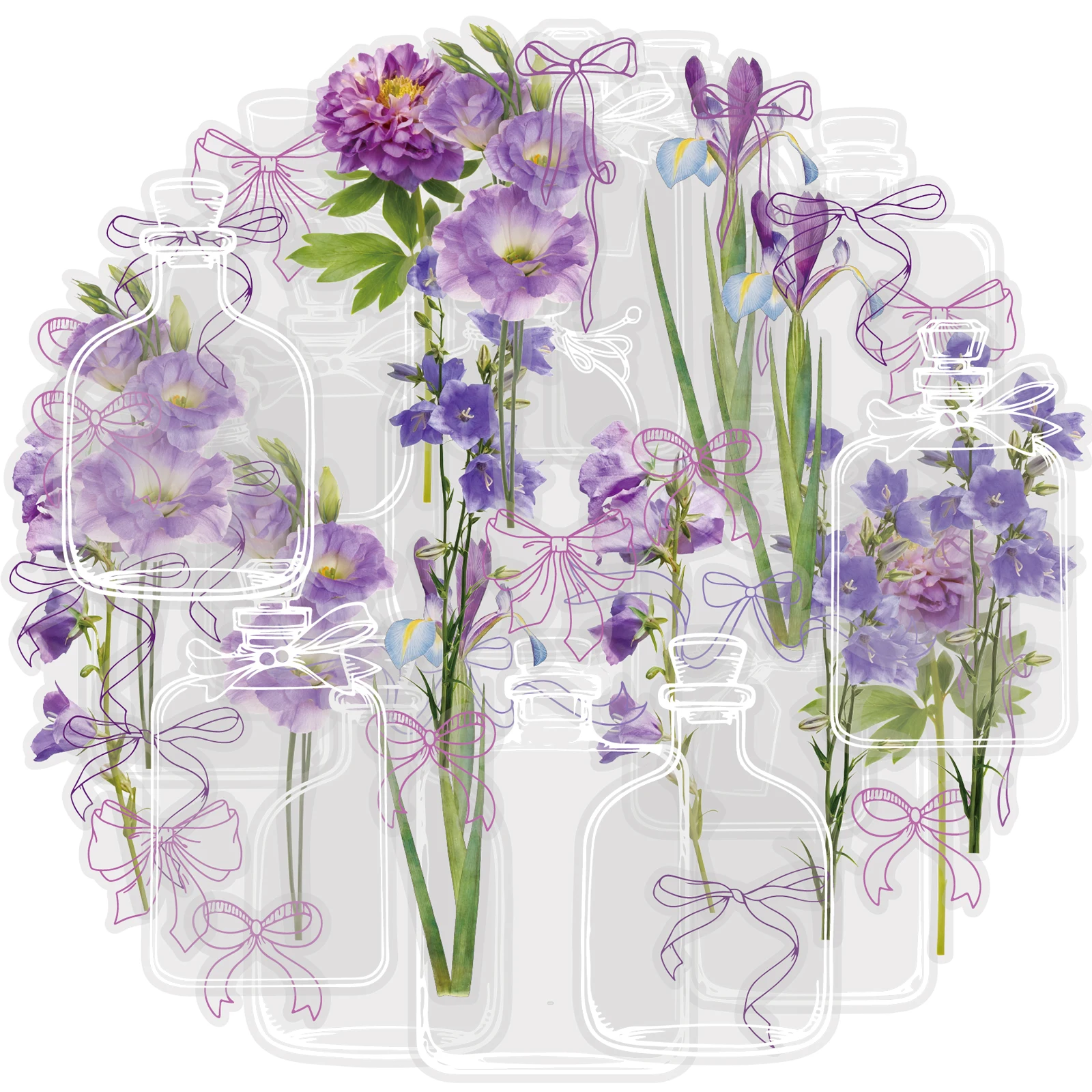 Etori Life Nine Layers of Purple 15 Stück elegante hellviolette Blumenaufkleber, transparente Glasflasche mit Schleife, geeignet für Laptops, Telefonaufkleber, Fotoalben, Scrapbooking-Zubehör,