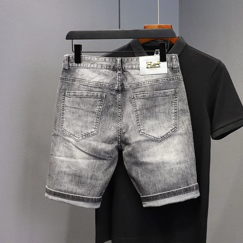 Gray Male Denim Shorts Graphic Selvedge with Text Baggy Men\'s Short Jeans Pants Wide Jorts Korean Fashion Summer Thin Trend 2024