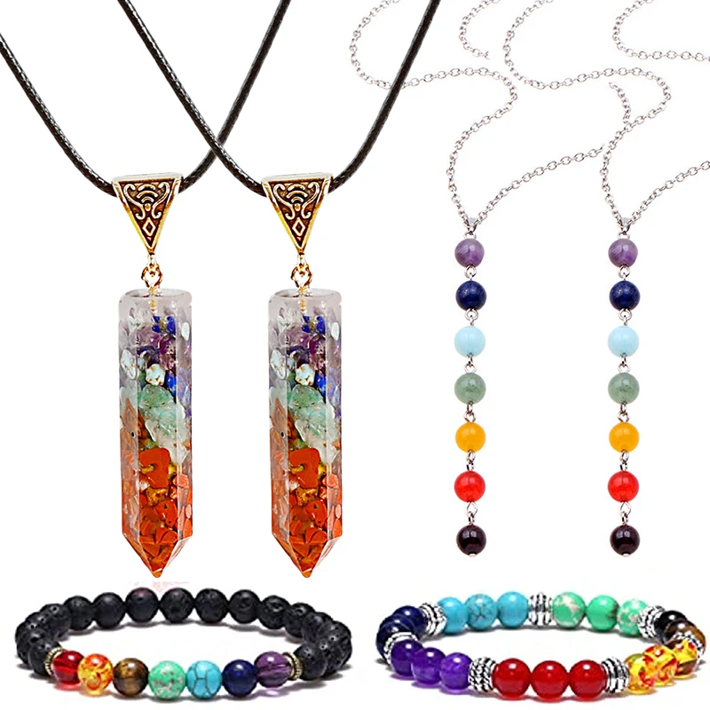Conjunto de collar y pulsera de cuentas de piedras de Chakra para mujer, gargantilla de equilibrio, curación de Yoga, regalo de joyería, 7 unidades por juego