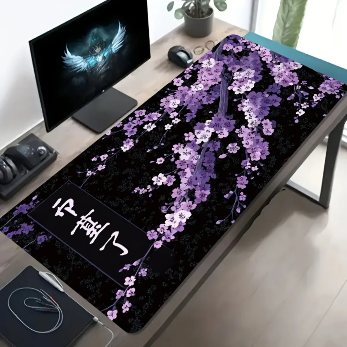 Elegant Lush Flower Branch Desk Mat Black Purple White Floral Non-Slip Washable Rubber Gaming Mouse Pad for Office