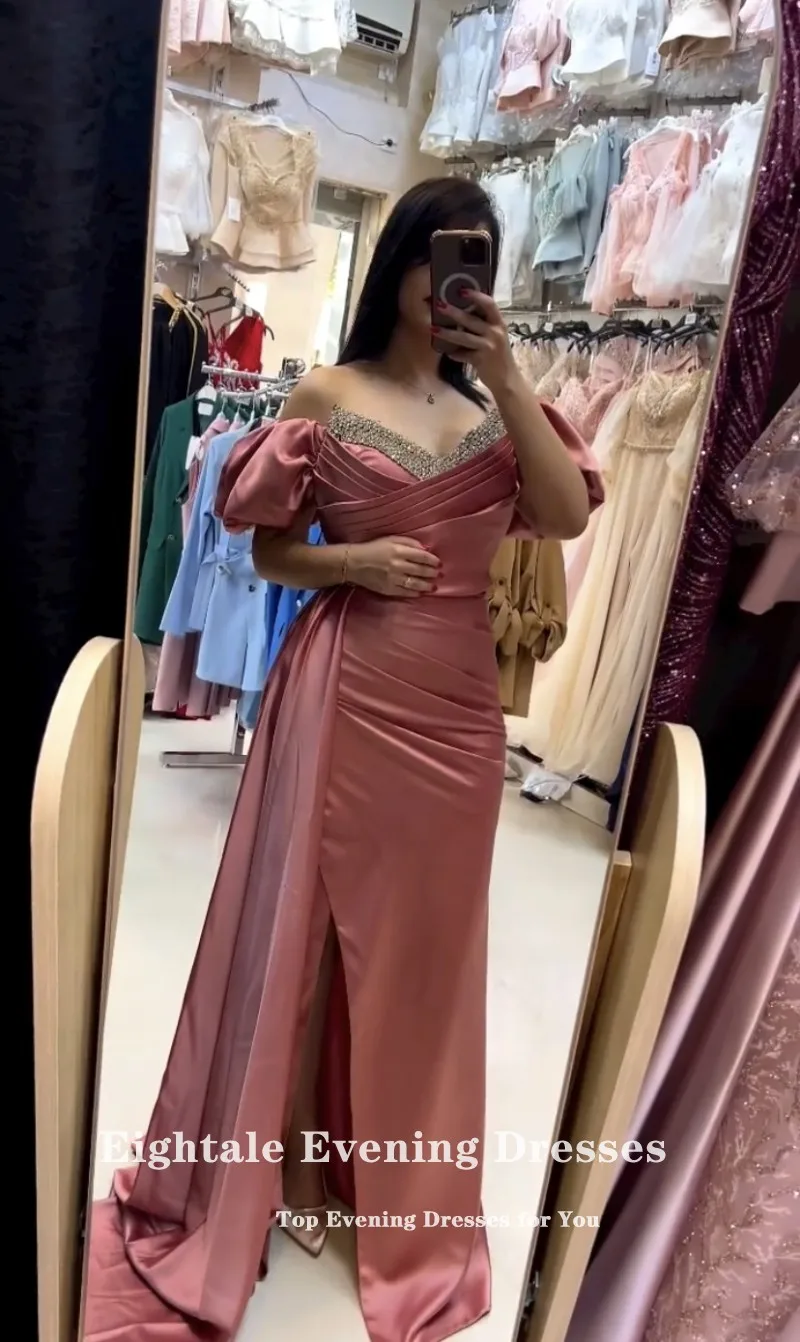 Eightale Arabic Evening Dresses Sexy Beaded Short Sleeves Satin Dubai Formal Mermaid Celebrity Prom Party Gowns for Wedding