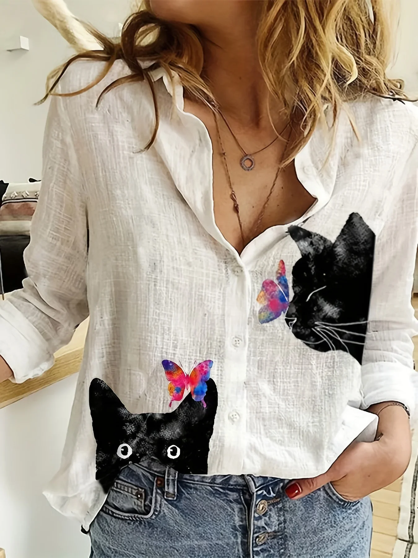 Women's Shirt 2026 New Spring Fashion Clashing Color Patchwork Shirt Tops Blouse Temperament Sense Long Sleeve Cat Print Shirts view 3