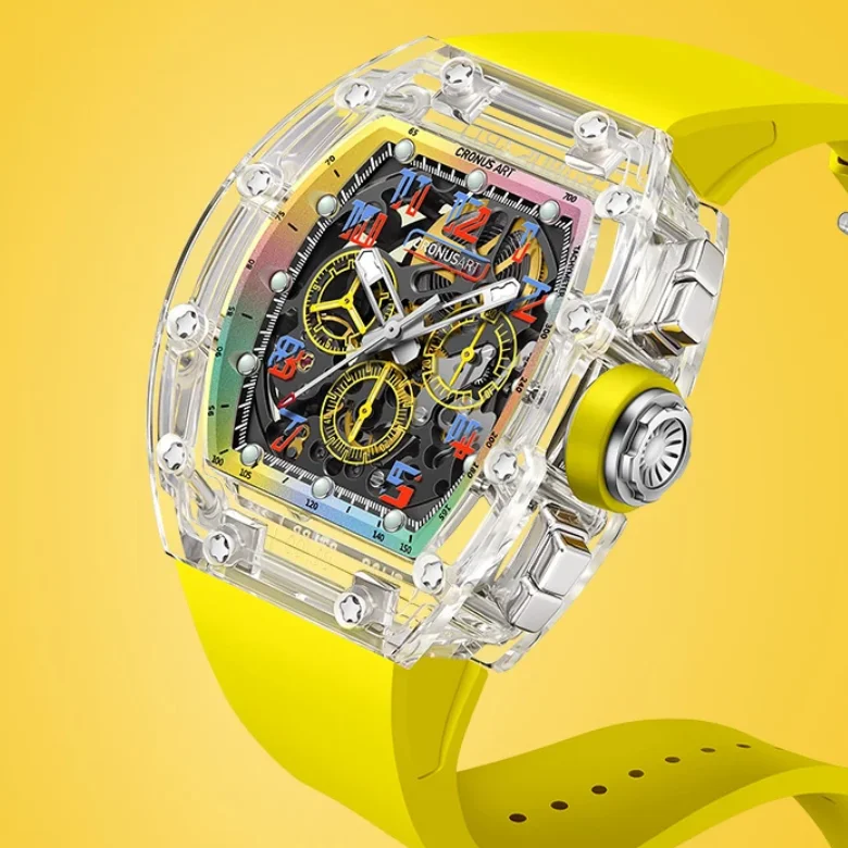 

CRONUSART Men Chronograph Watch 50mm Mechanical Wristwatch Sapphire Tonneau Case Luminous Fluororubber Strap Skeleton Dial