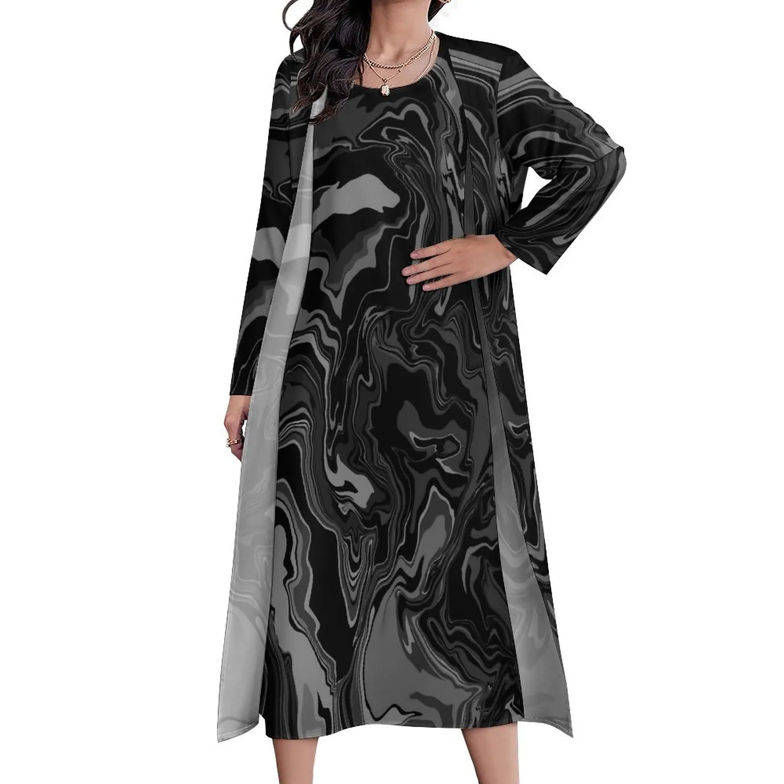 Black Tie Dye Dress Autumn Liquid Print Streetwear Casual Long Dresses Women Design Party Maxi Dress Big Size 4XL