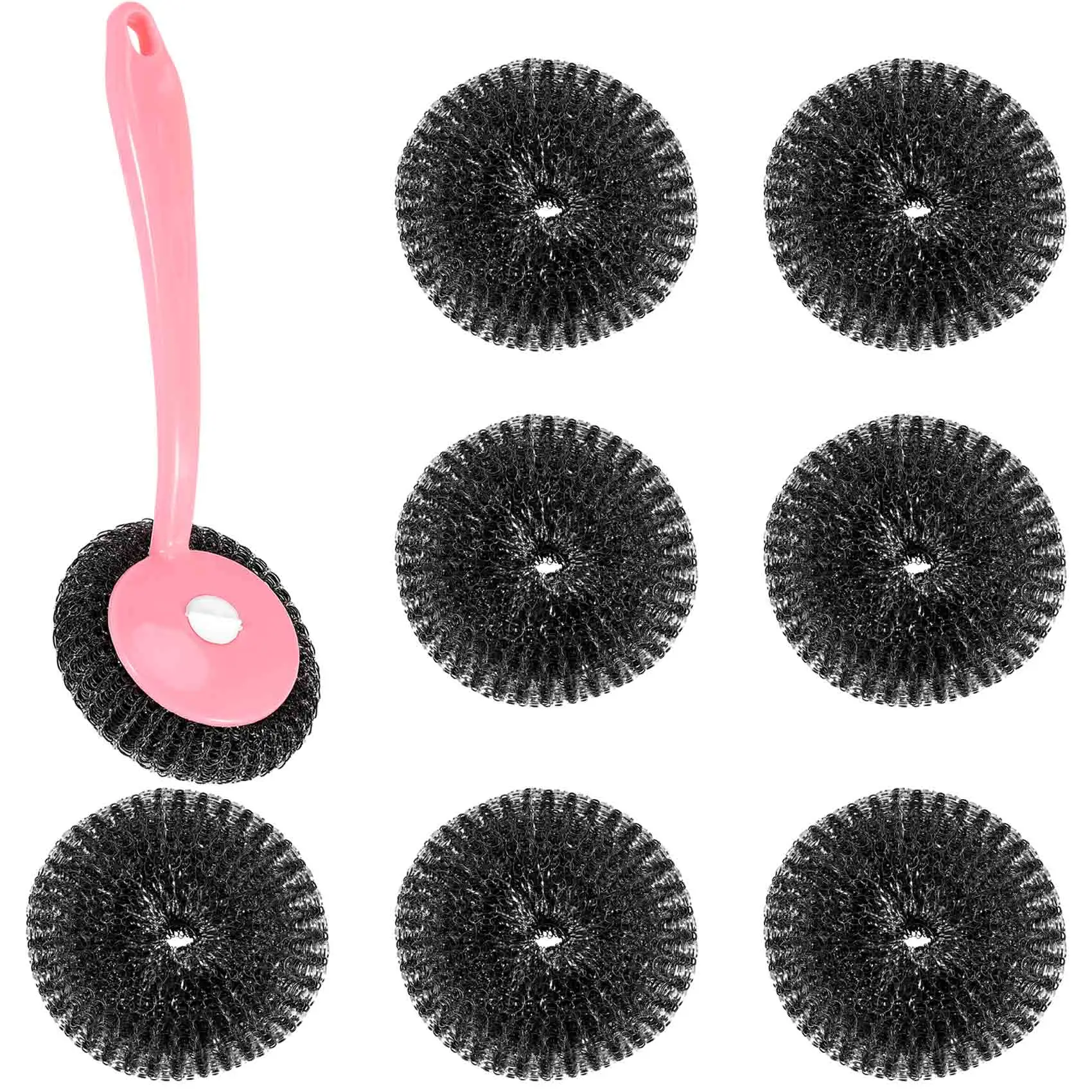 Stainless Steel Sponges Scourer Set with Handle Pack of 8,for Cookware,Pot Brush,Stovetops,Removing Tough Dirt (Pink)