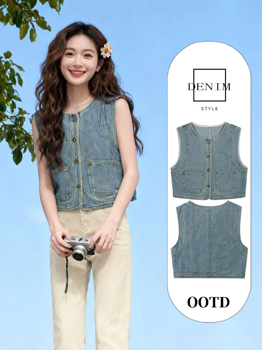 

Retro Sle Women's Denim Vest ort Svel round Ne Jaet Breathable Outerwear Summer Faion Top Cotton Polyester Blend