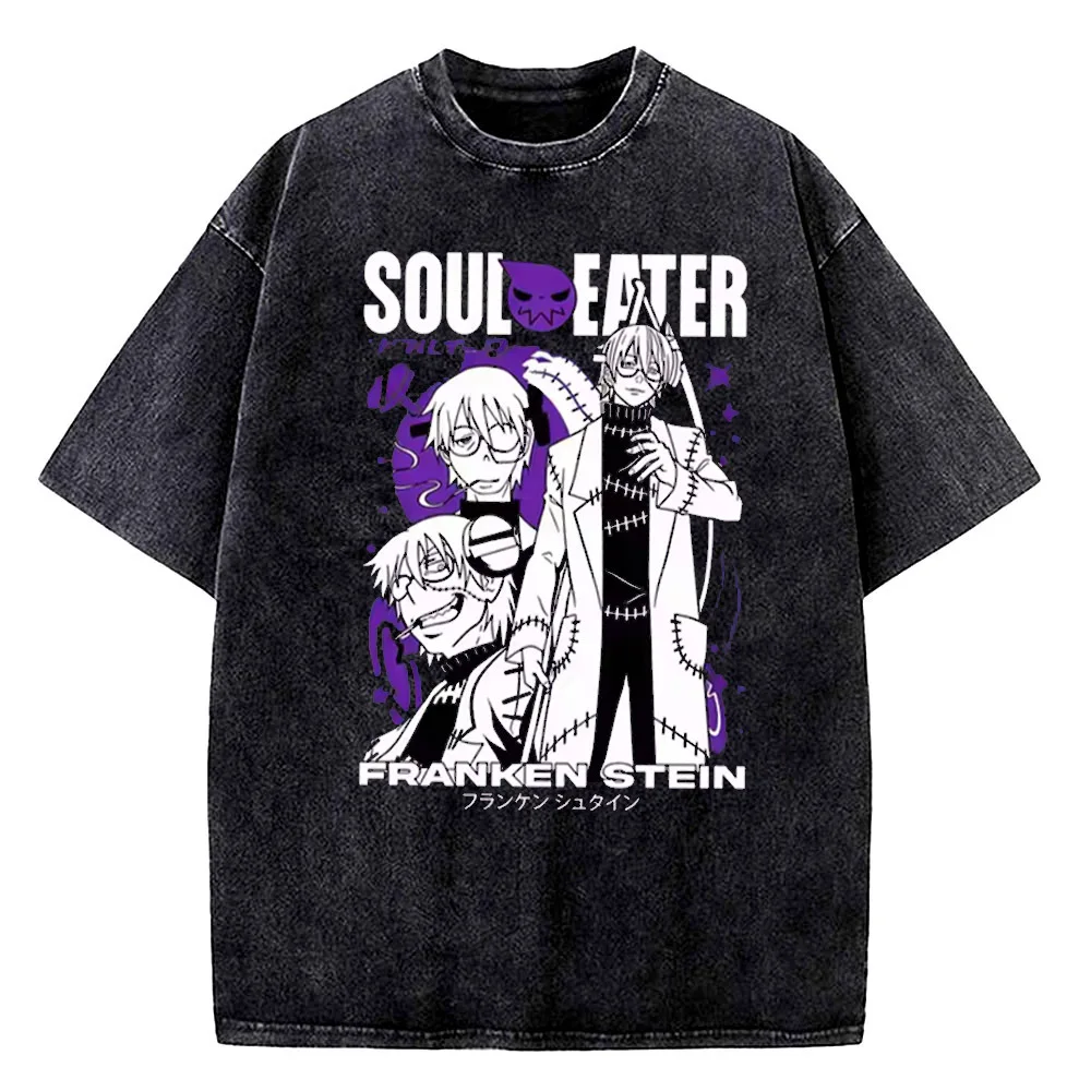 Soul Eater Vintage Washed cotton t-shirt teen graphic University Psychedelic top tees Y2k 2000s Breathable Gothic graphic
