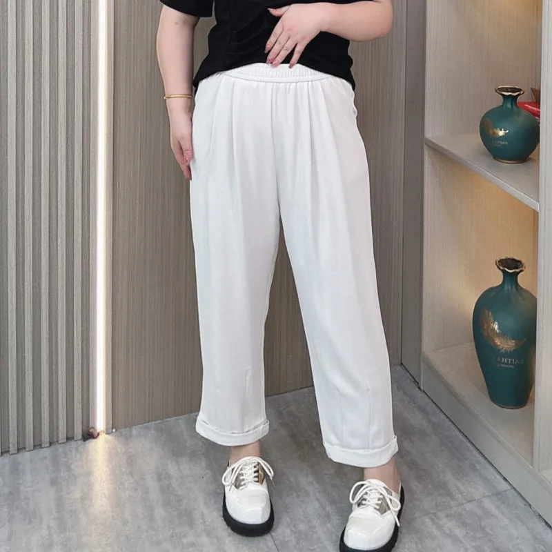 Summer Plus Size Ice Silk Suit Pants Women's New  Loose Thin Elastic high-waisted Straight Trousers