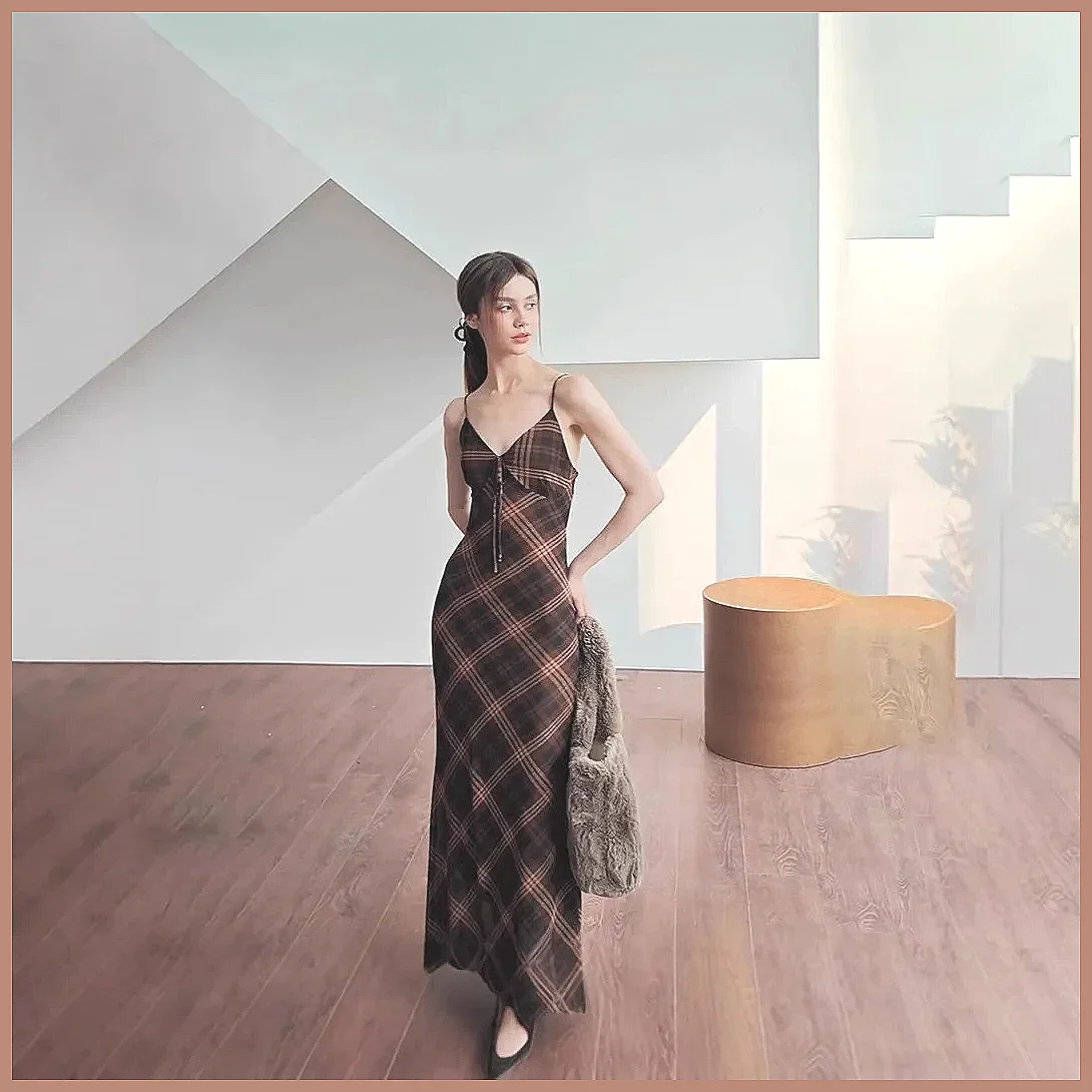 Abito Vintage a Quadri per Donna, Elegante Vestito Lungo Senza Maniche con Scollo a V e Spacco Laterale per Feste Serali (Caratteri: 78)