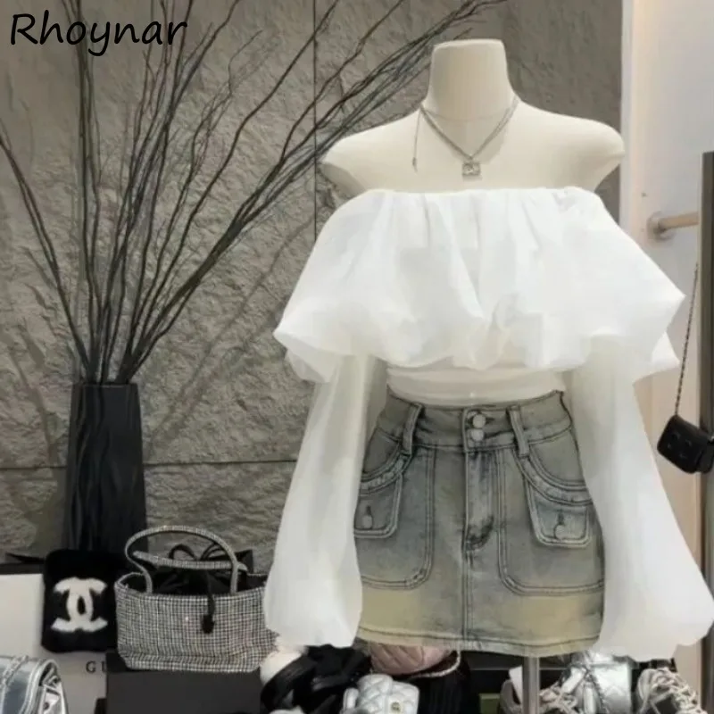 Solidne koszulki z głębokim dekoltem Kobiety Wiosna Słodkie Pikantne Dziewczyny Długi rękaw Brzuch Szykowny Koreański Styl Temperament Elegancki Casual Codzienny