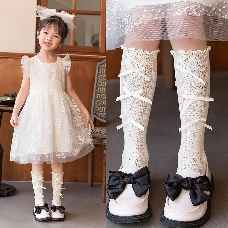 

Ins милые носки принцессы с тремя бантиками и выдолбленным узором ромашки, носки до колена для девочек в стиле Лолиты, детские подарки для маленьких девочек